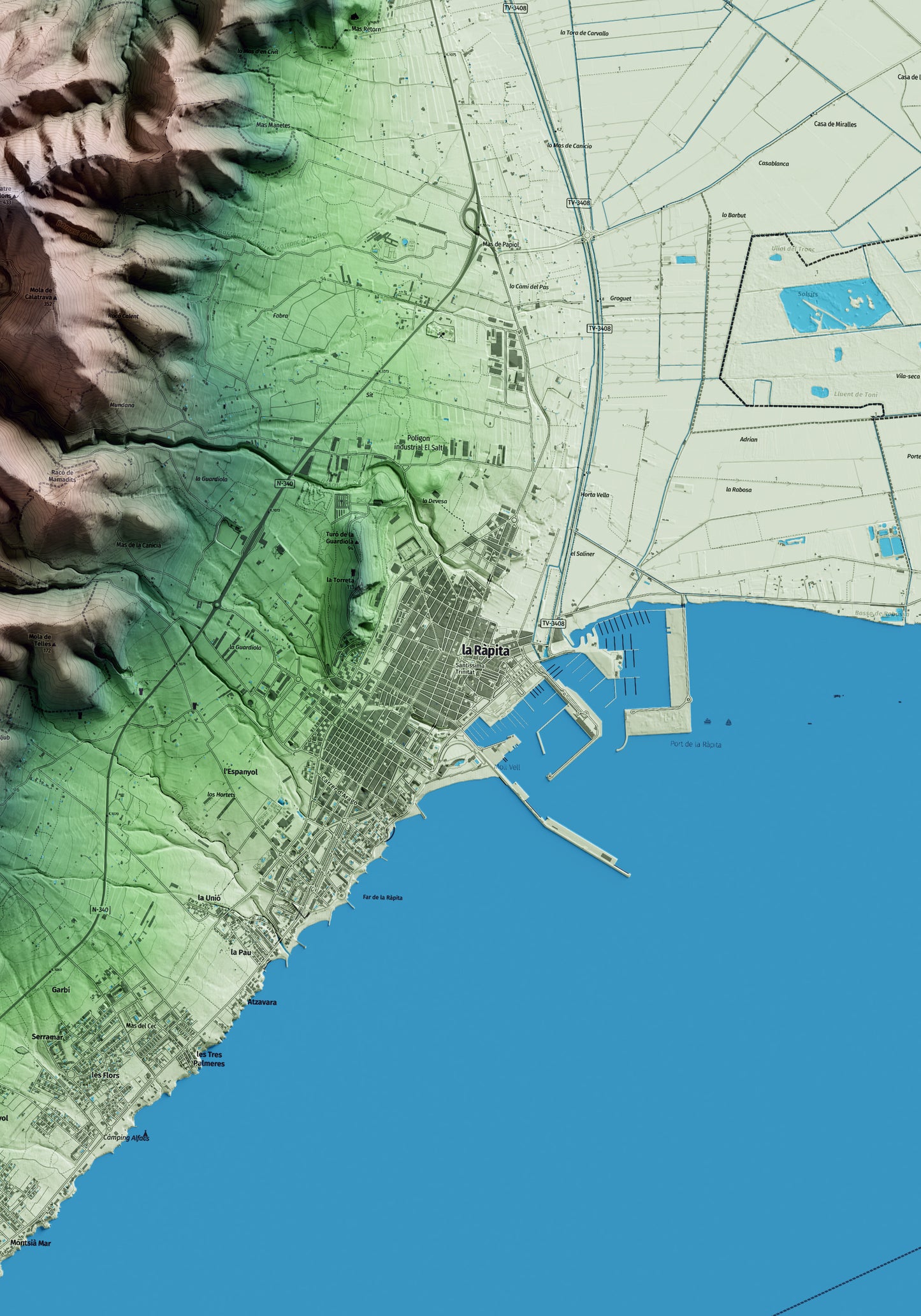 Mapa artístico del relieve de la Ràpita, al Montsià, con 15 km de entorno y base topográfica ICGC. Detalle de la zona central.