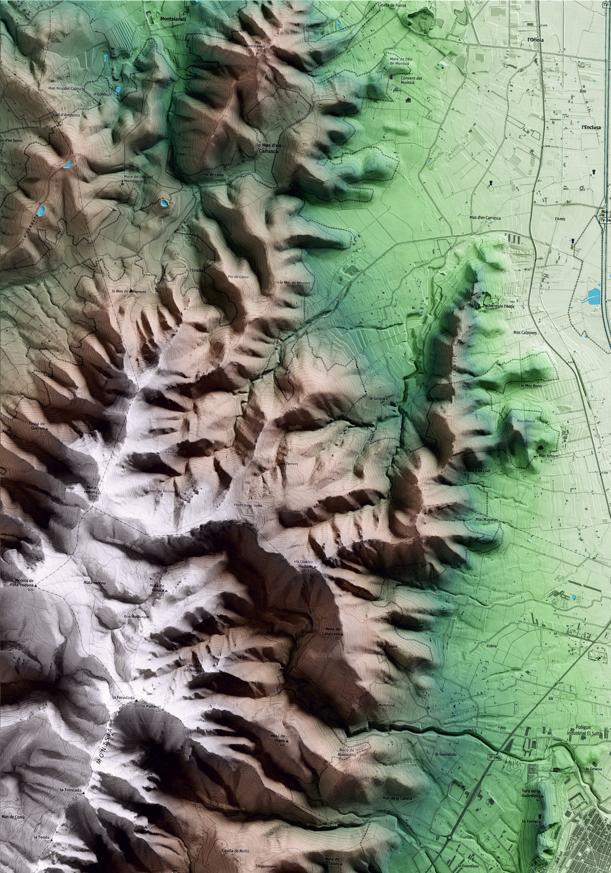 Mapa artístico del relieve de la Ràpita, al Montsià, con 15 km de entorno y base topográfica ICGC. Detalle de la zona superior izquierda.