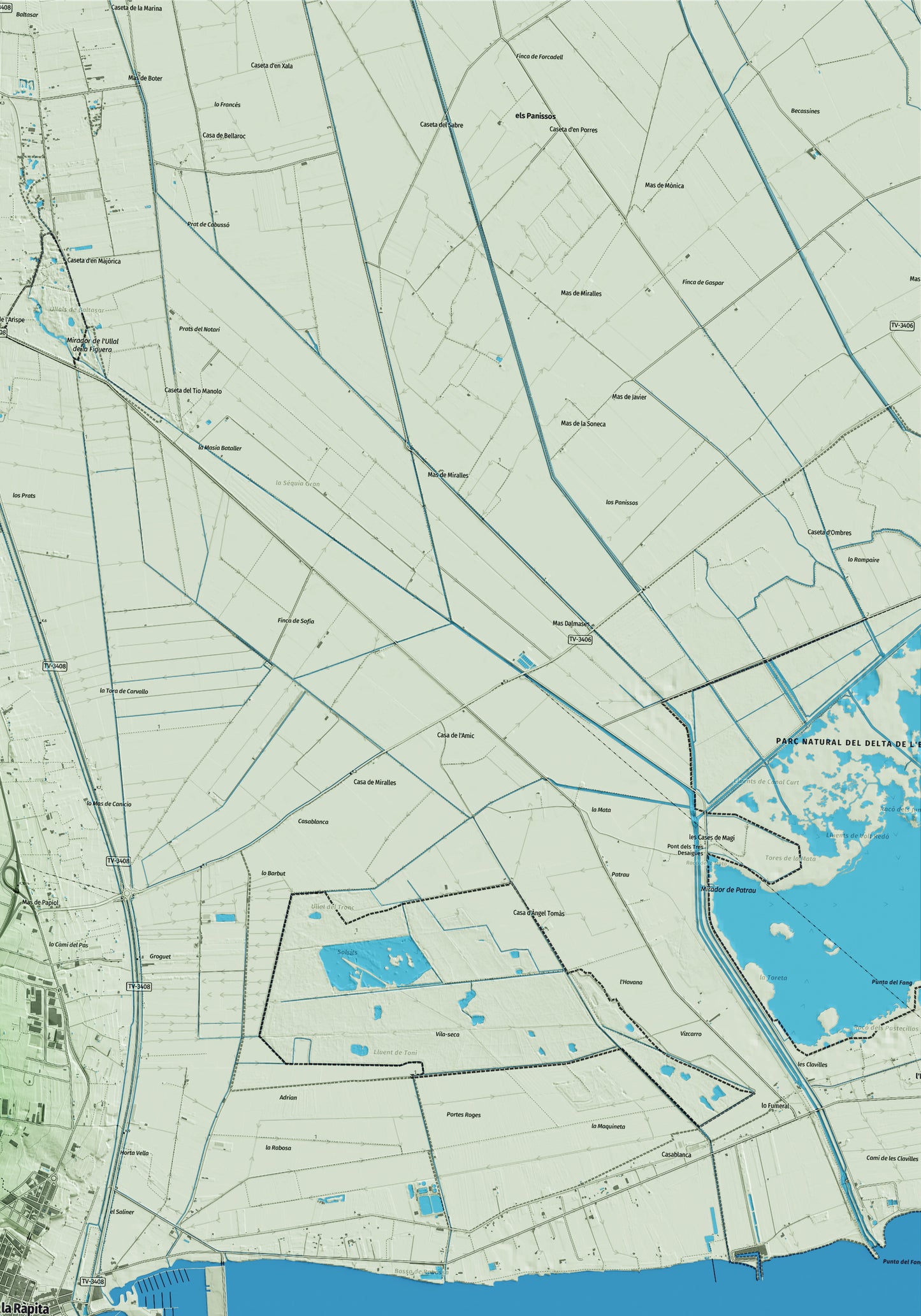 Mapa artístico del relieve de la Ràpita, al Montsià, con 15 km de entorno y base topográfica ICGC. Detalle de la zona superior derecha.