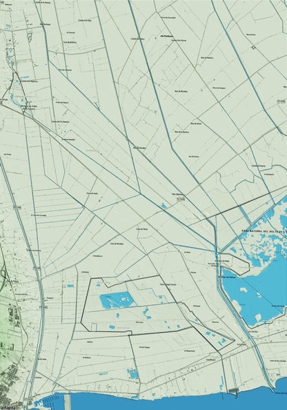 Mapa artístico del relieve de la Ràpita, al Montsià, con 15 km de entorno y base topográfica ICGC. Detalle de la zona superior derecha.