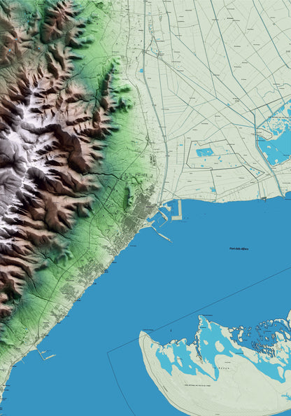 Mapa artístico del relieve de la Ràpita, al Montsià, con 15 km de entorno y base topográfica ICGC