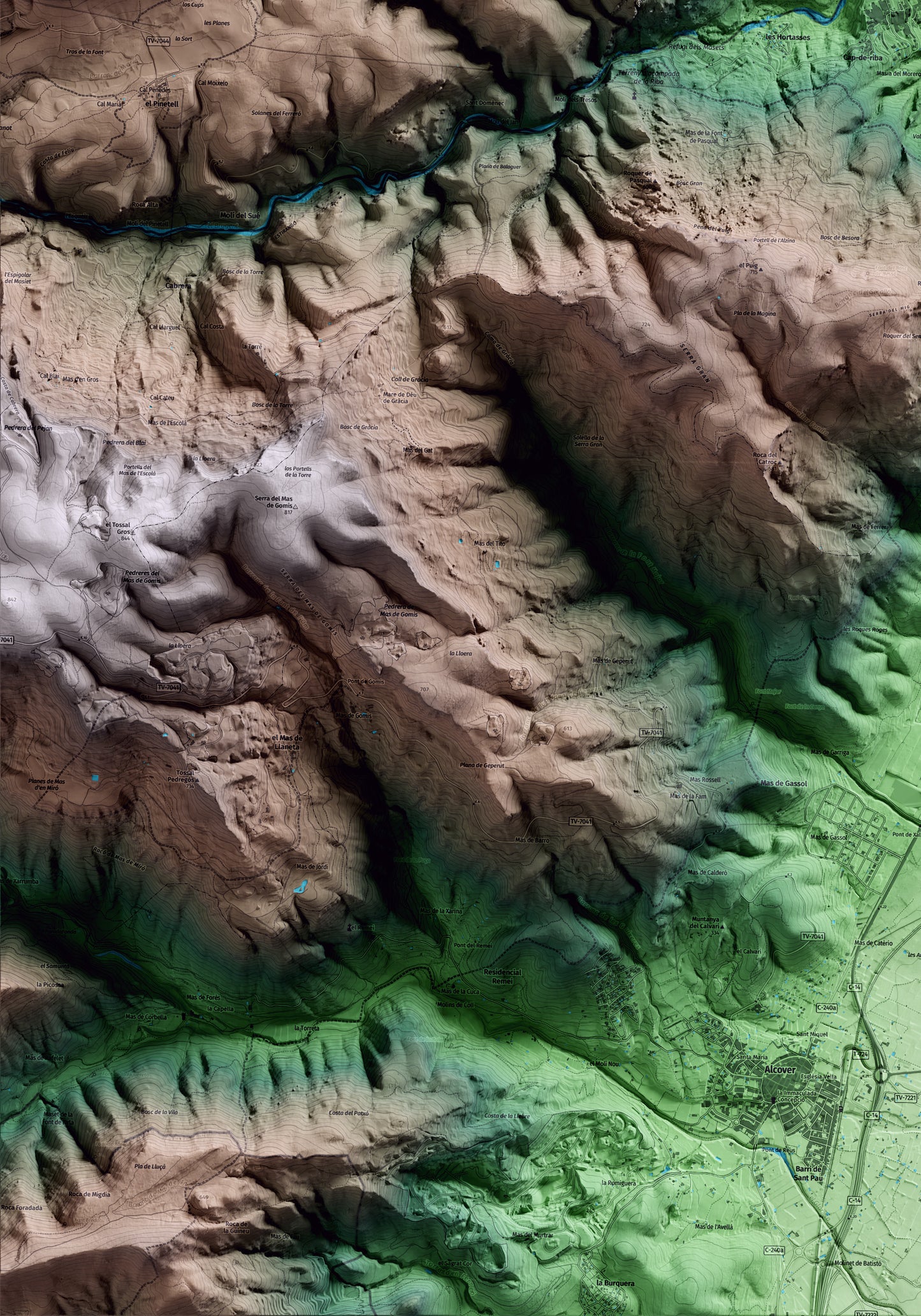 Mapa artístico del relieve de la Riba, al Alt Camp, con 15 km de entorno y base topográfica ICGC. Detalle de la zona inferior izquierda.