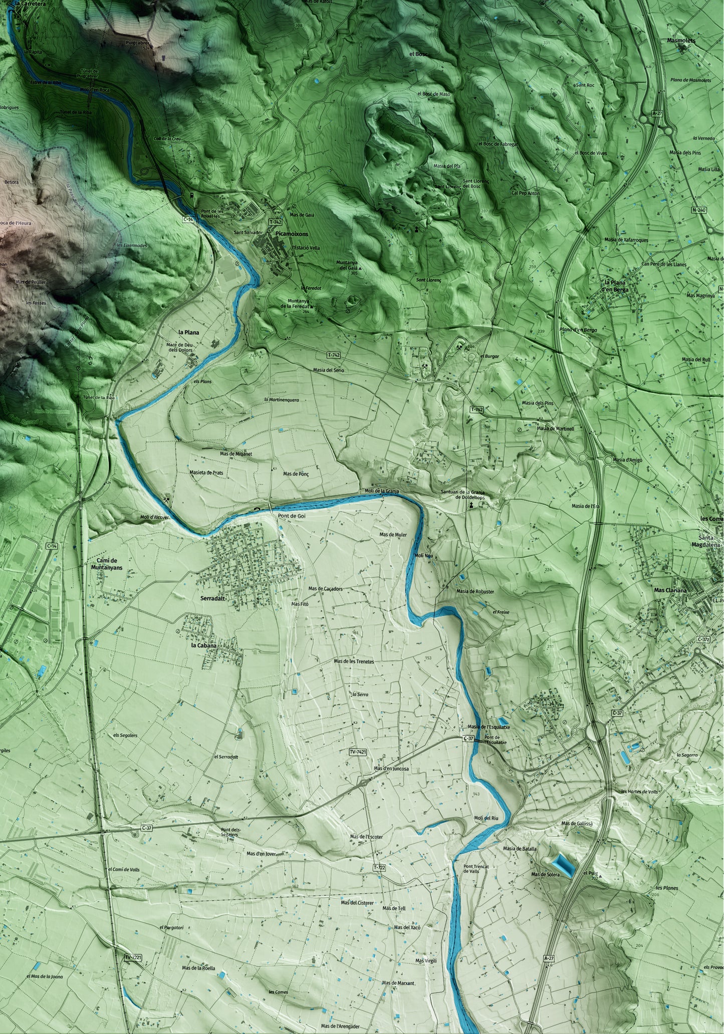Mapa artístico del relieve de la Riba, al Alt Camp, con 15 km de entorno y base topográfica ICGC. Detalle de la zona inferior derecha.