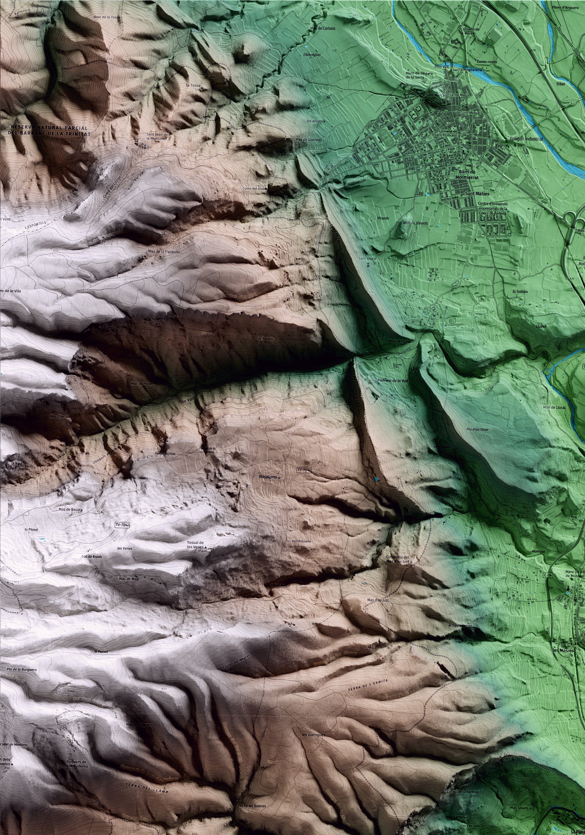 Mapa artístico del relieve de la Riba, al Alt Camp, con 15 km de entorno y base topográfica ICGC. Detalle de la zona superior izquierda.