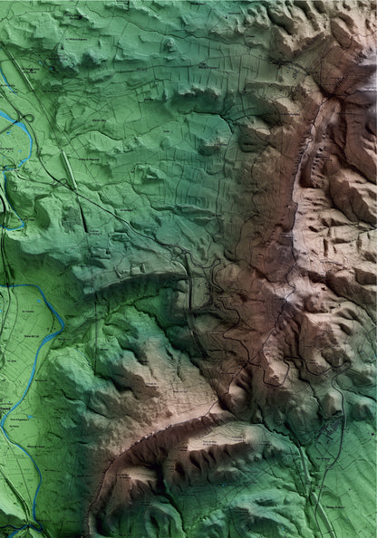 Mapa artístico del relieve de la Riba, al Alt Camp, con 15 km de entorno y base topográfica ICGC. Detalle de la zona superior derecha.