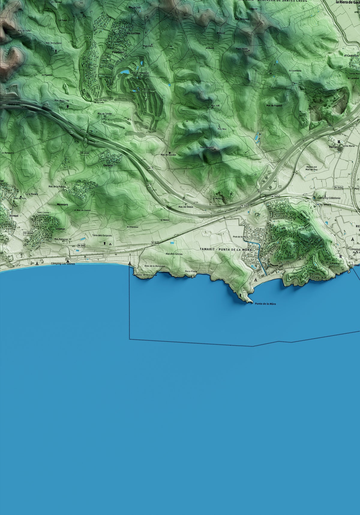 Mapa artístico del relieve de la Riera de Gaià, al Tarragonès, con 15 km de entorno y base topográfica ICGC. Detalle de la zona inferior izquierda.