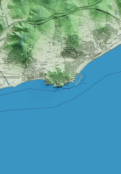 Mapa artístico del relieve de la Riera de Gaià, al Tarragonès, con 15 km de entorno y base topográfica ICGC. Detalle de la zona inferior derecha.