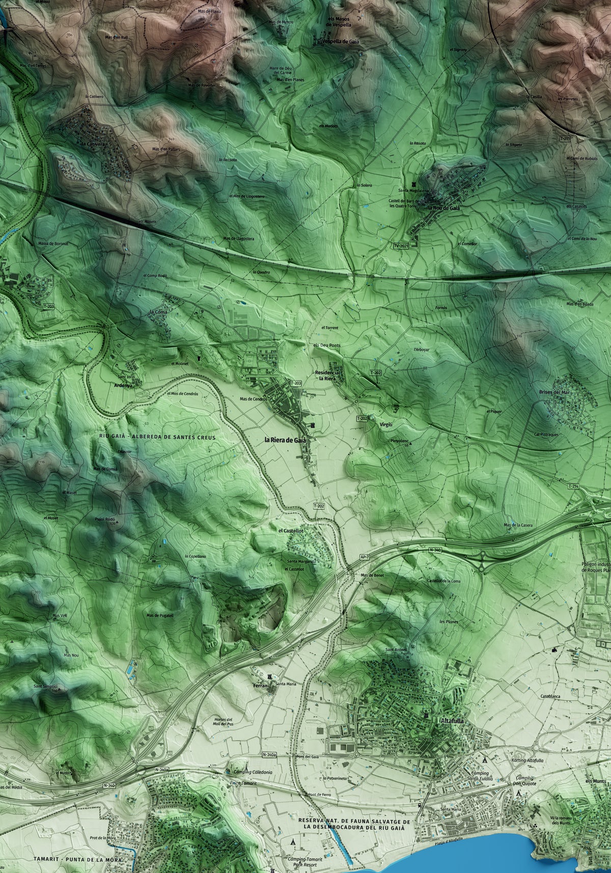Mapa artístico del relieve de la Riera de Gaià, al Tarragonès, con 15 km de entorno y base topográfica ICGC. Detalle de la zona central.