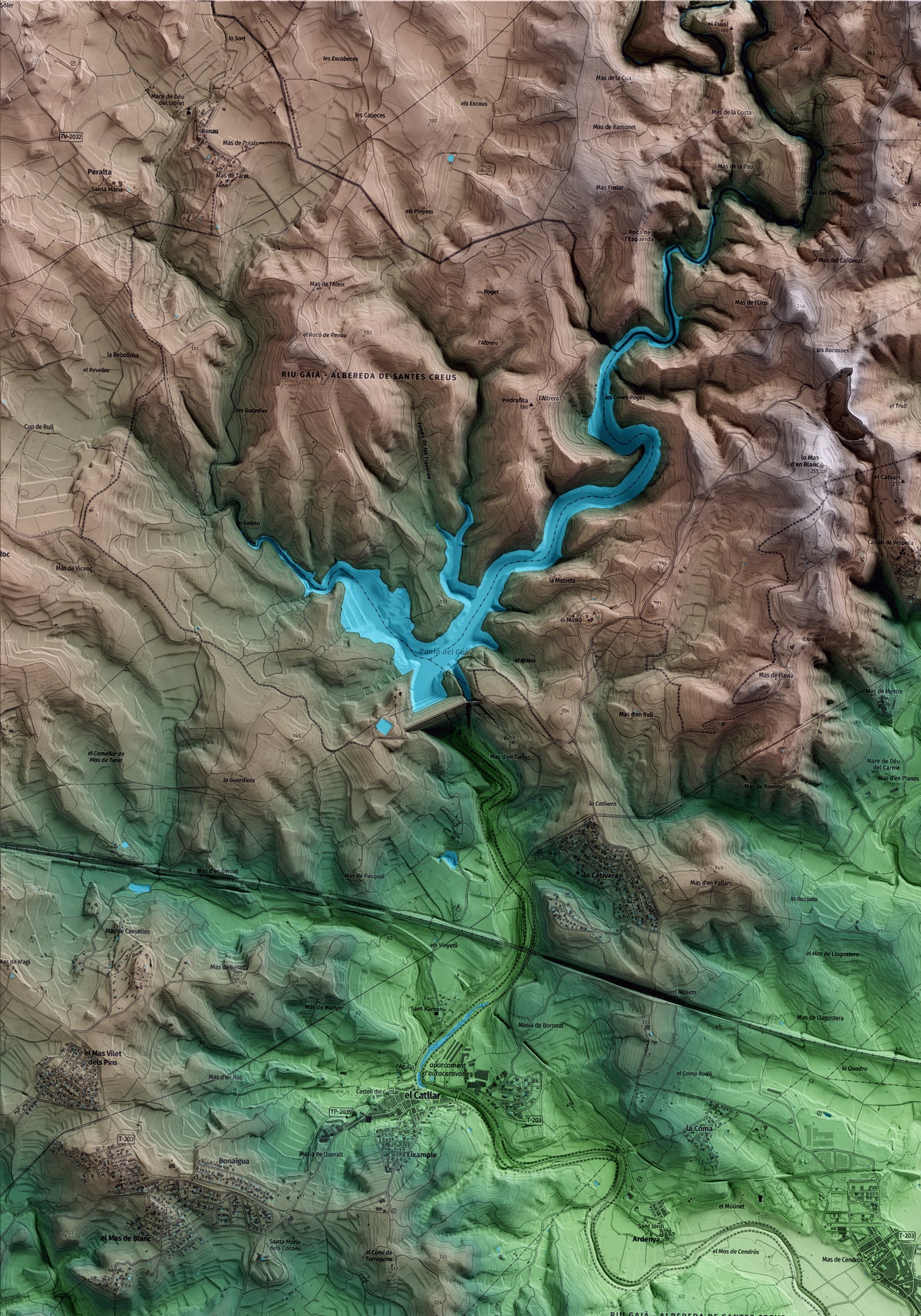 Mapa artístico del relieve de la Riera de Gaià, al Tarragonès, con 15 km de entorno y base topográfica ICGC. Detalle de la zona superior izquierda.