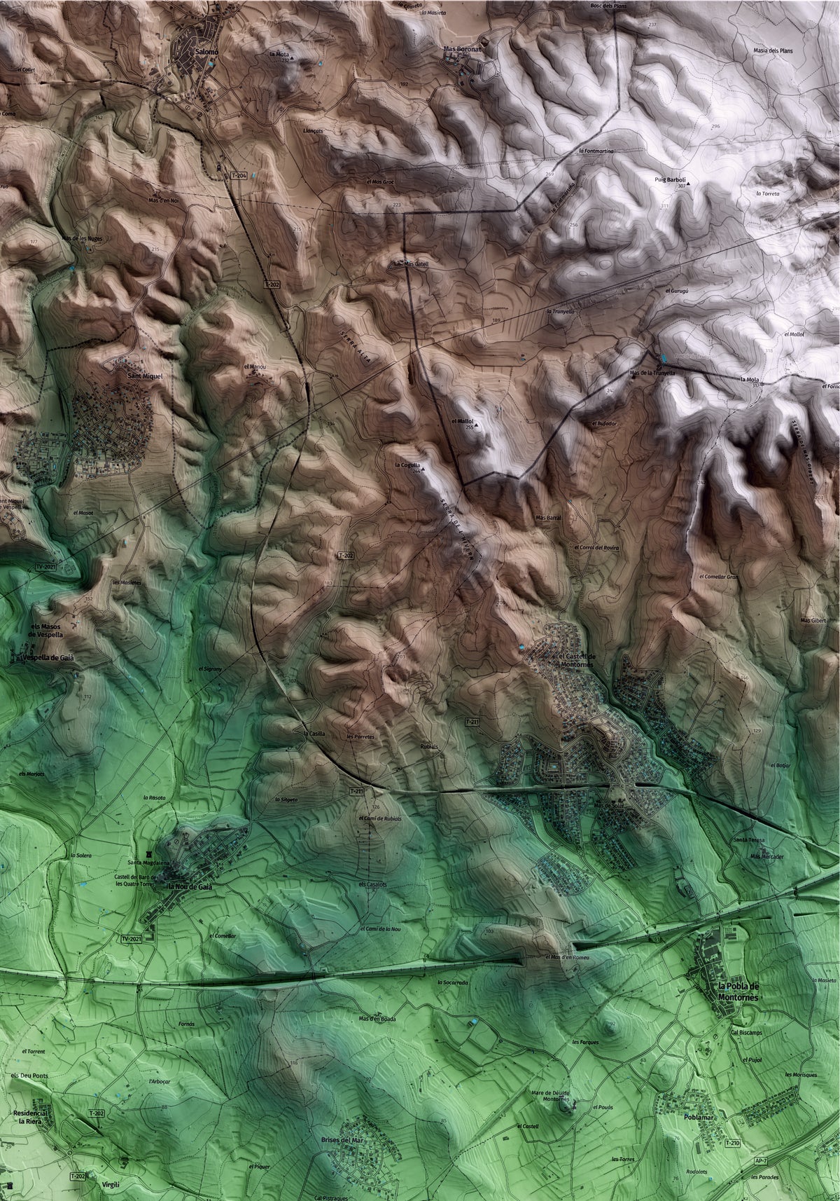 Mapa artístico del relieve de la Riera de Gaià, al Tarragonès, con 15 km de entorno y base topográfica ICGC. Detalle de la zona superior derecha.
