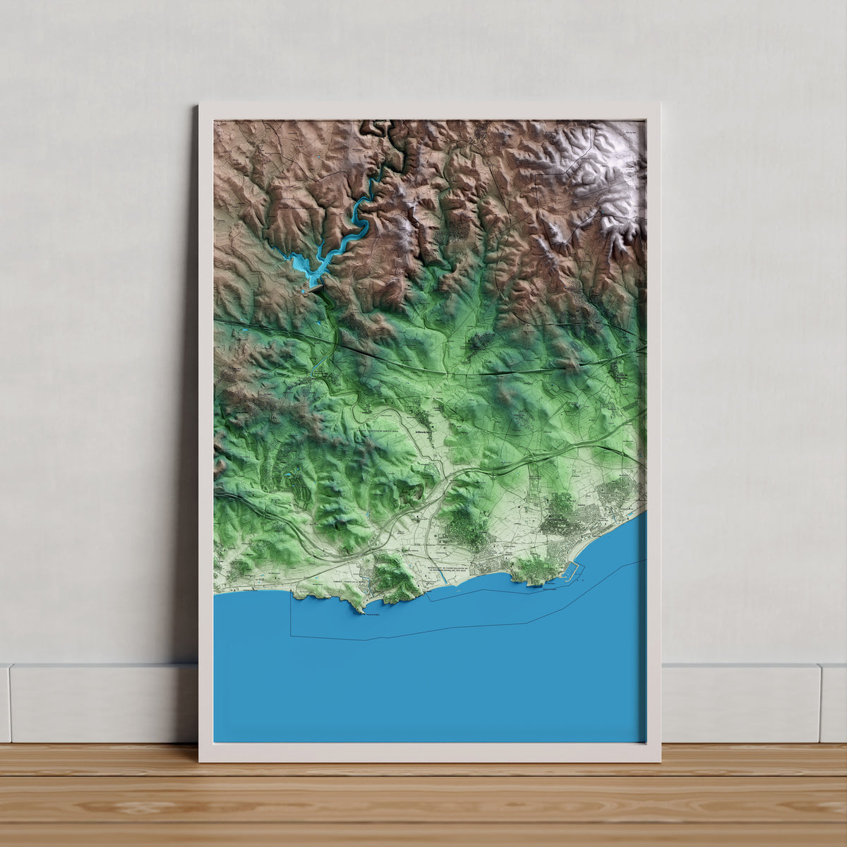 Mapa artístico del relieve de la Riera de Gaià, al Tarragonès, con 15 km de entorno y base topográfica ICGC. Presentación enmarcada.
