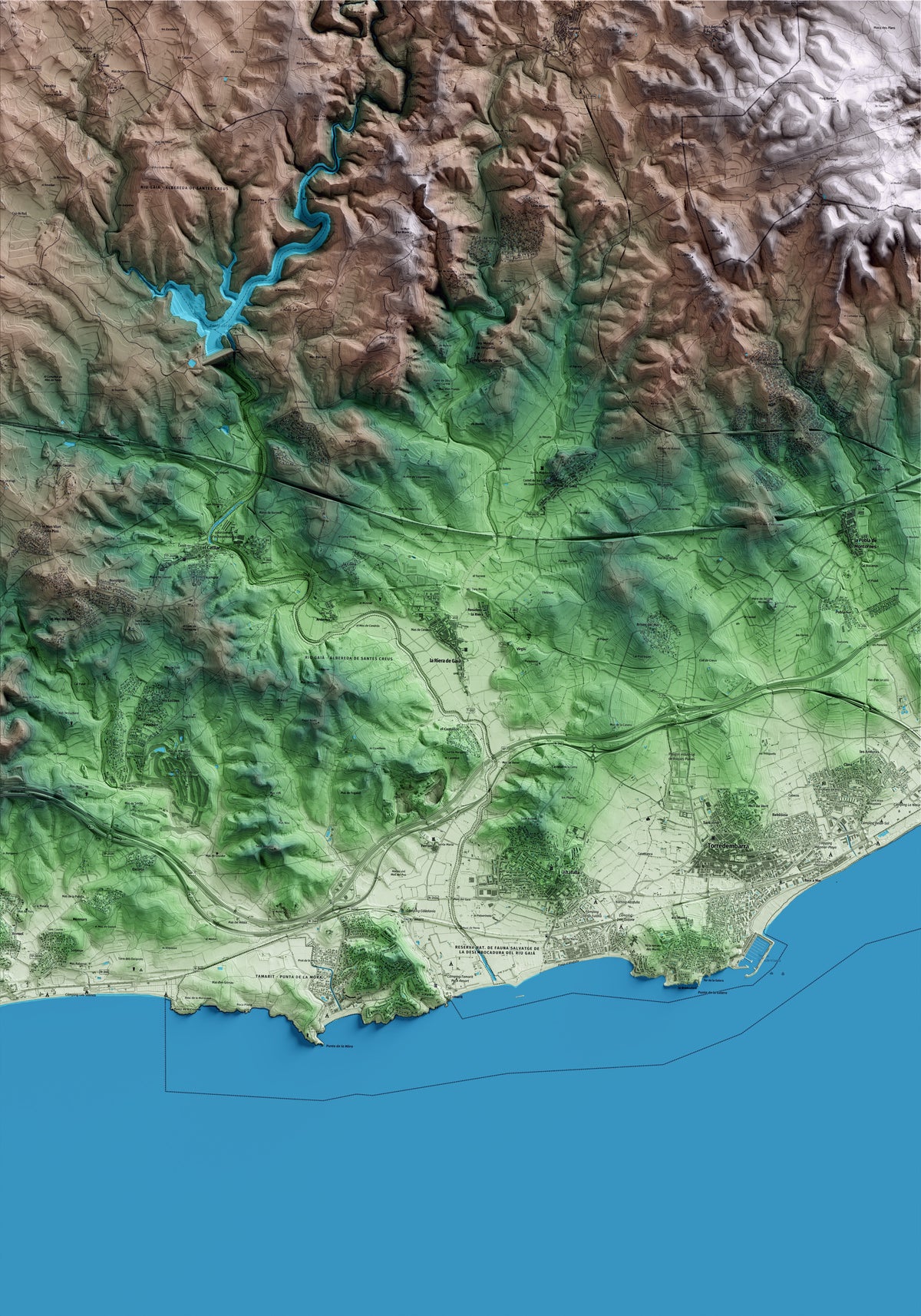 Mapa artístico del relieve de la Riera de Gaià, al Tarragonès, con 15 km de entorno y base topográfica ICGC