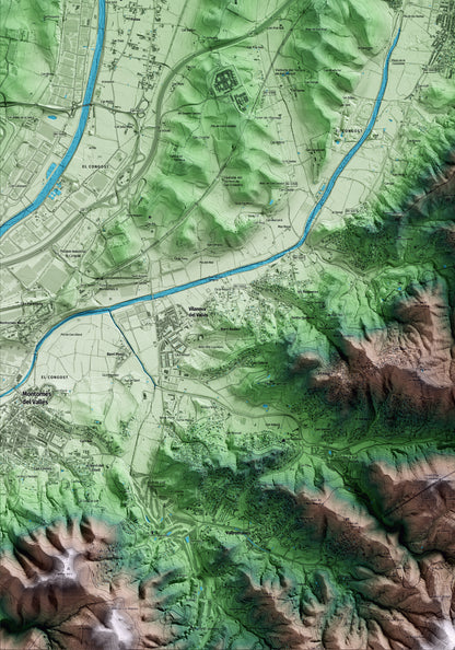 Mapa artístico del relieve de la Roca del Vallès, al Vallès Oriental, con 15 km de entorno y base topográfica ICGC. Detalle de la zona inferior izquierda.