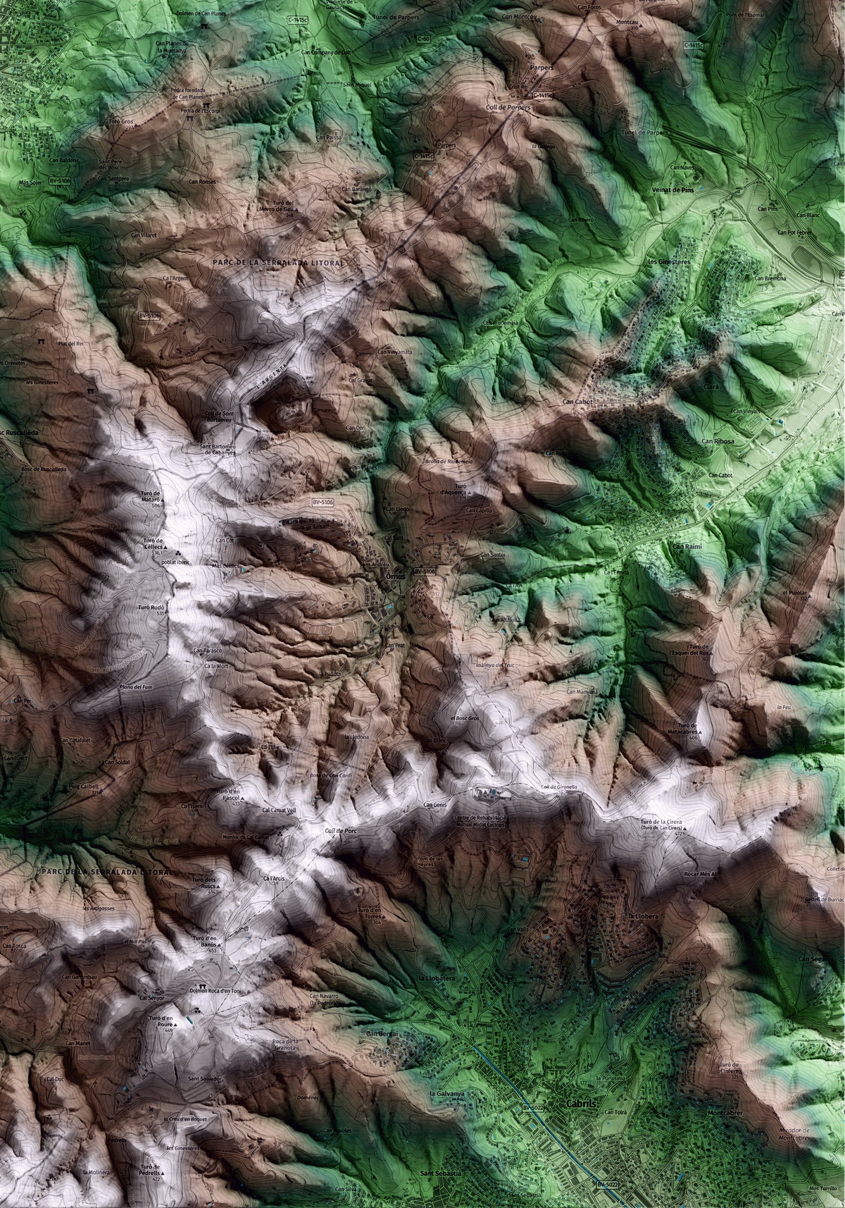 Mapa artístico del relieve de la Roca del Vallès, al Vallès Oriental, con 15 km de entorno y base topográfica ICGC. Detalle de la zona inferior derecha.
