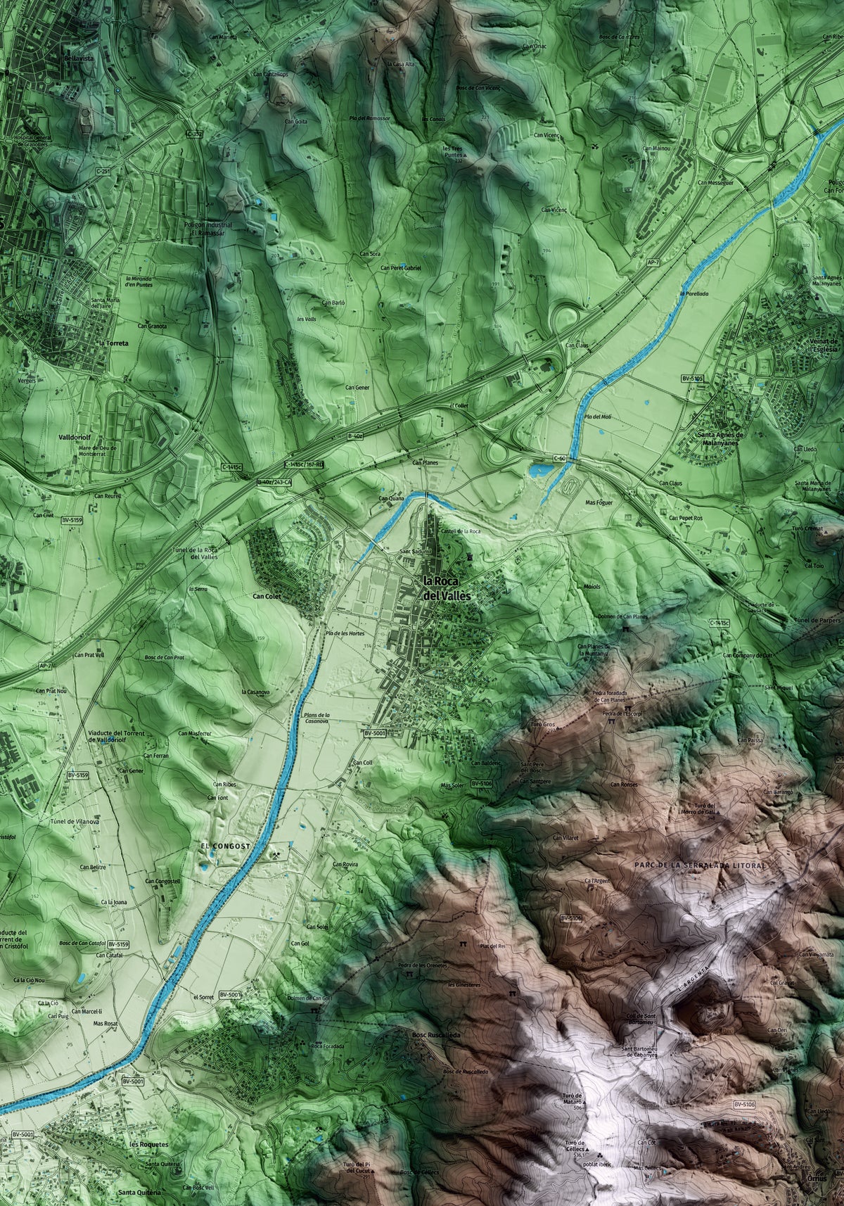 Mapa artístico del relieve de la Roca del Vallès, al Vallès Oriental, con 15 km de entorno y base topográfica ICGC. Detalle de la zona central.