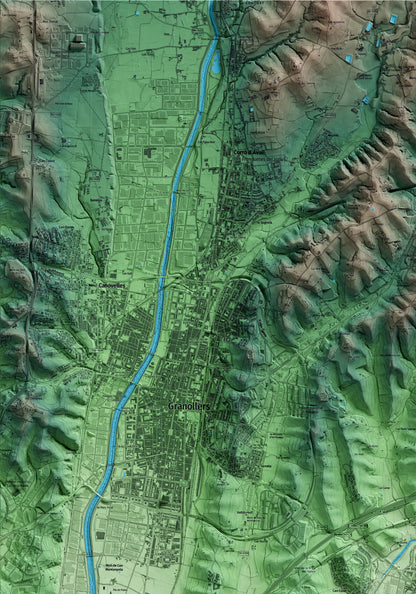 Mapa artístico del relieve de la Roca del Vallès, al Vallès Oriental, con 15 km de entorno y base topográfica ICGC. Detalle de la zona superior izquierda.