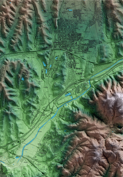 Mapa artístico del relieve de la Roca del Vallès, al Vallès Oriental, con 15 km de entorno y base topográfica ICGC. Detalle de la zona superior derecha.