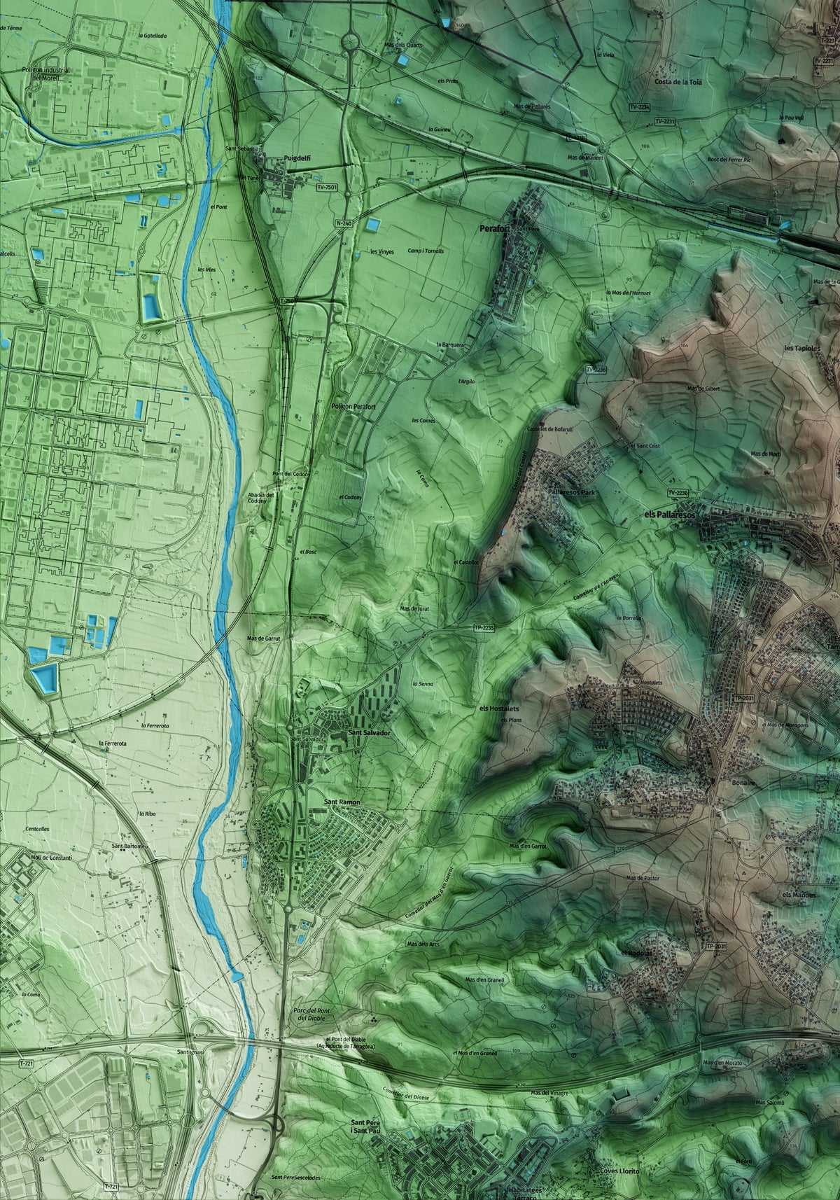 Mapa artístico del relieve de la Secuita, al Tarragonès, con 15 km de entorno y base topográfica ICGC. Detalle de la zona inferior izquierda.
