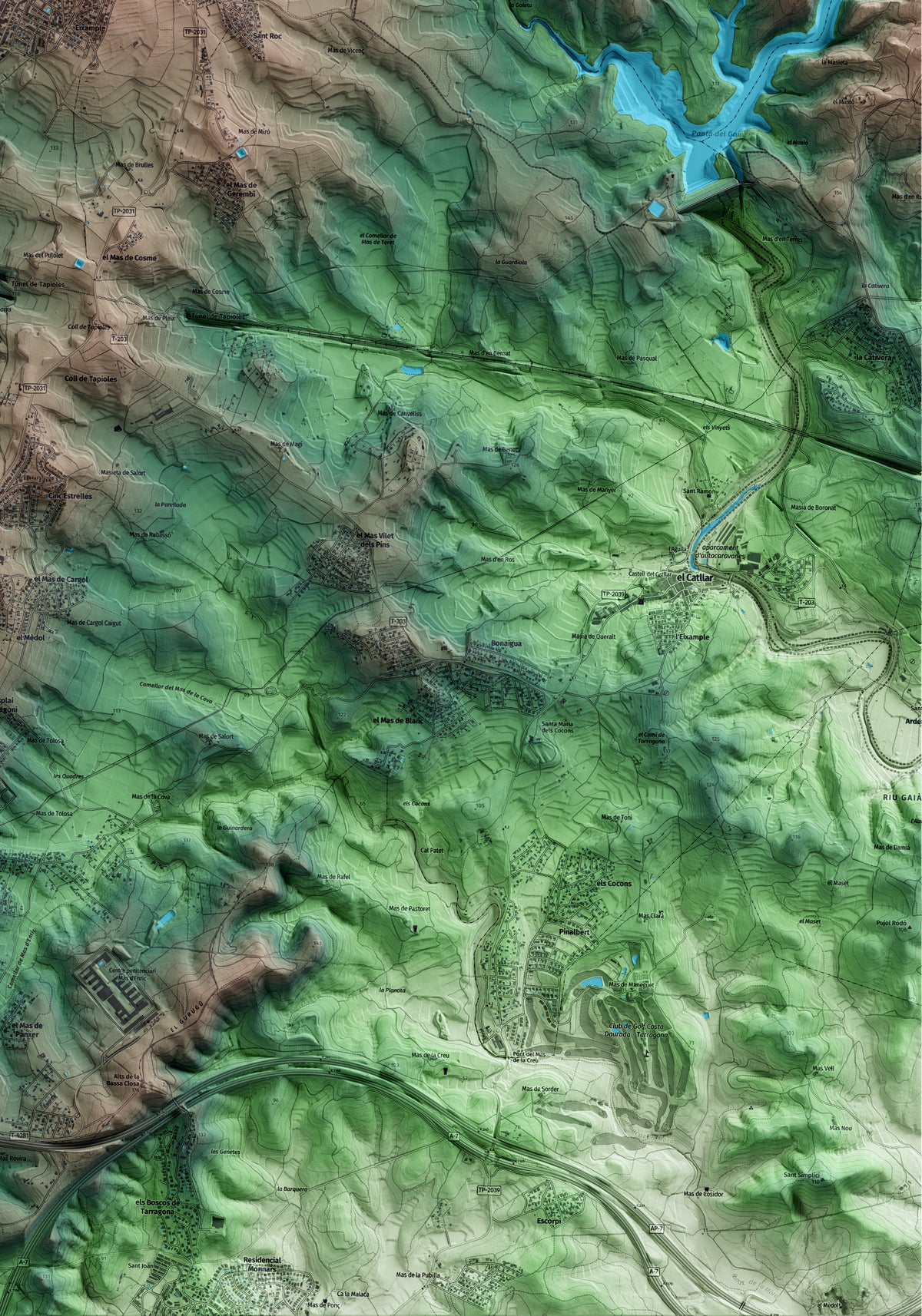Mapa artístico del relieve de la Secuita, al Tarragonès, con 15 km de entorno y base topográfica ICGC. Detalle de la zona inferior derecha.