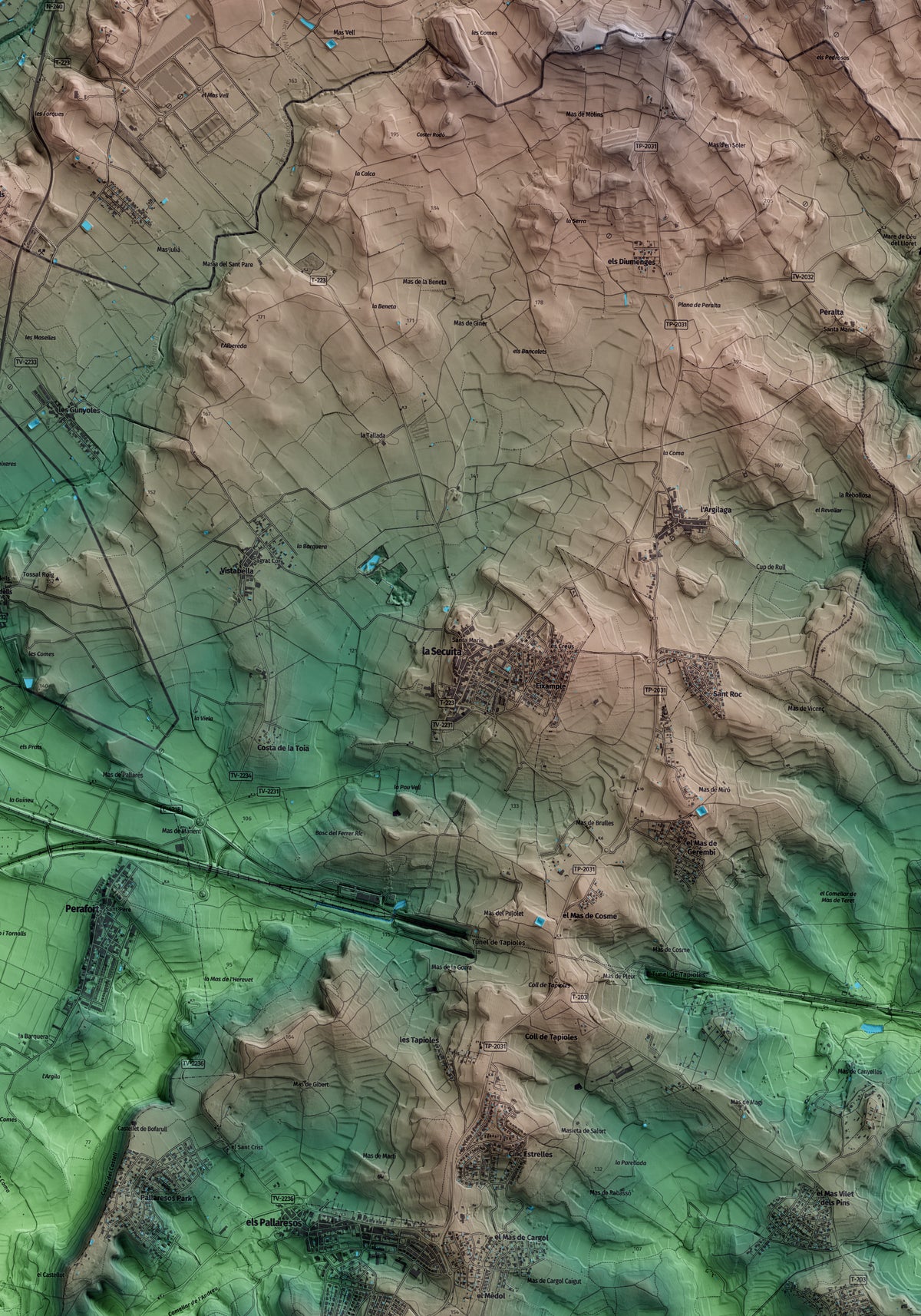 Mapa artístico del relieve de la Secuita, al Tarragonès, con 15 km de entorno y base topográfica ICGC. Detalle de la zona central.