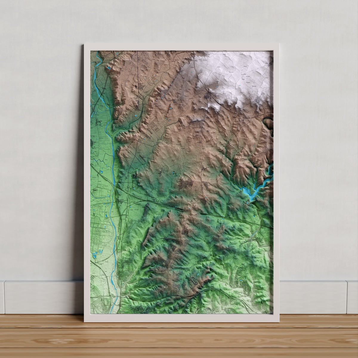 Mapa artístico del relieve de la Secuita, al Tarragonès, con 15 km de entorno y base topográfica ICGC. Presentación enmarcada.