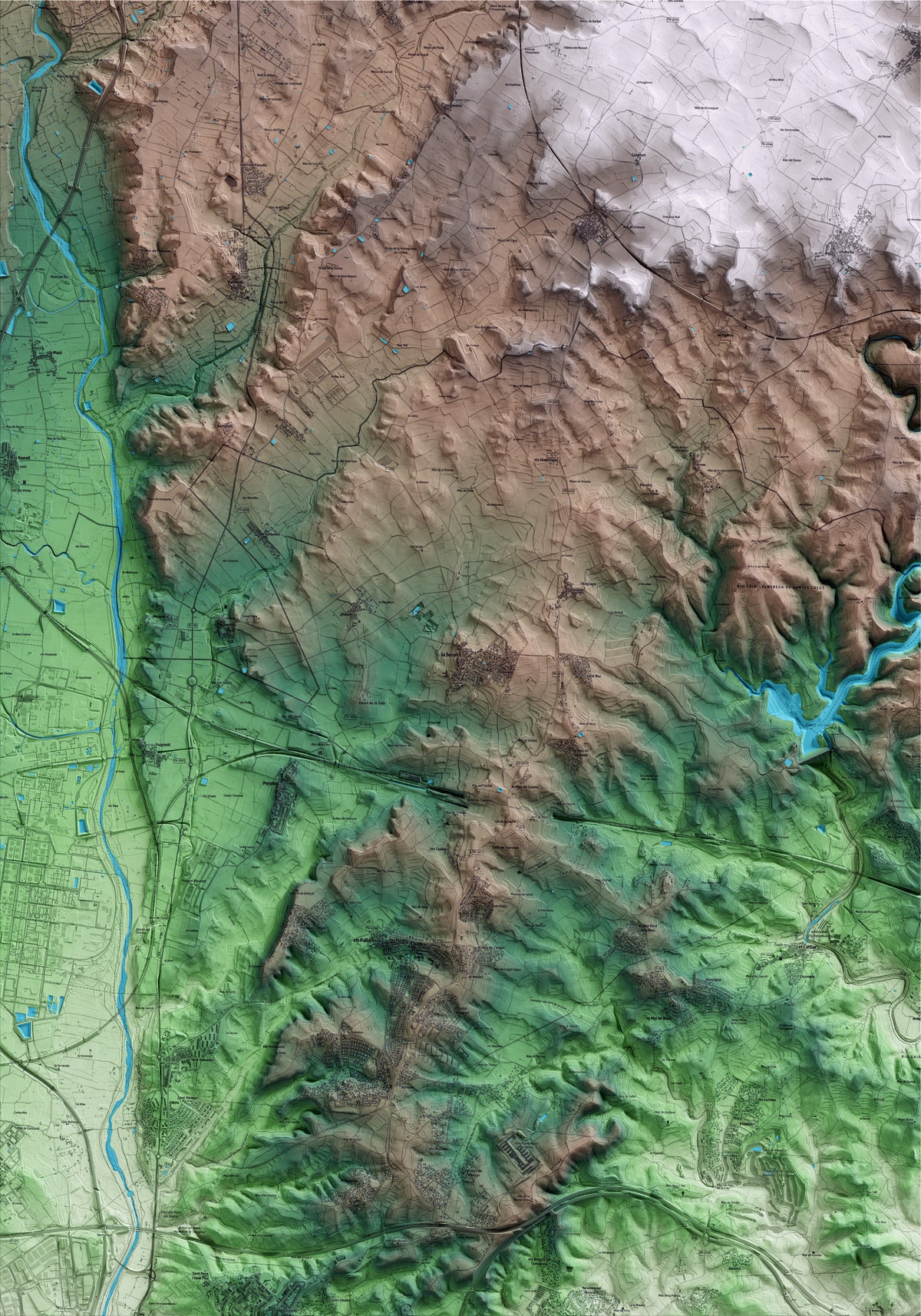 Mapa artístico del relieve de la Secuita, al Tarragonès, con 15 km de entorno y base topográfica ICGC