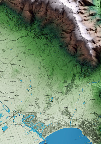 Mapa artístico del relieve de la Selva de Mar, al Alt Empordà, con 15 km de entorno y base topográfica ICGC. Detalle de la zona inferior izquierda.