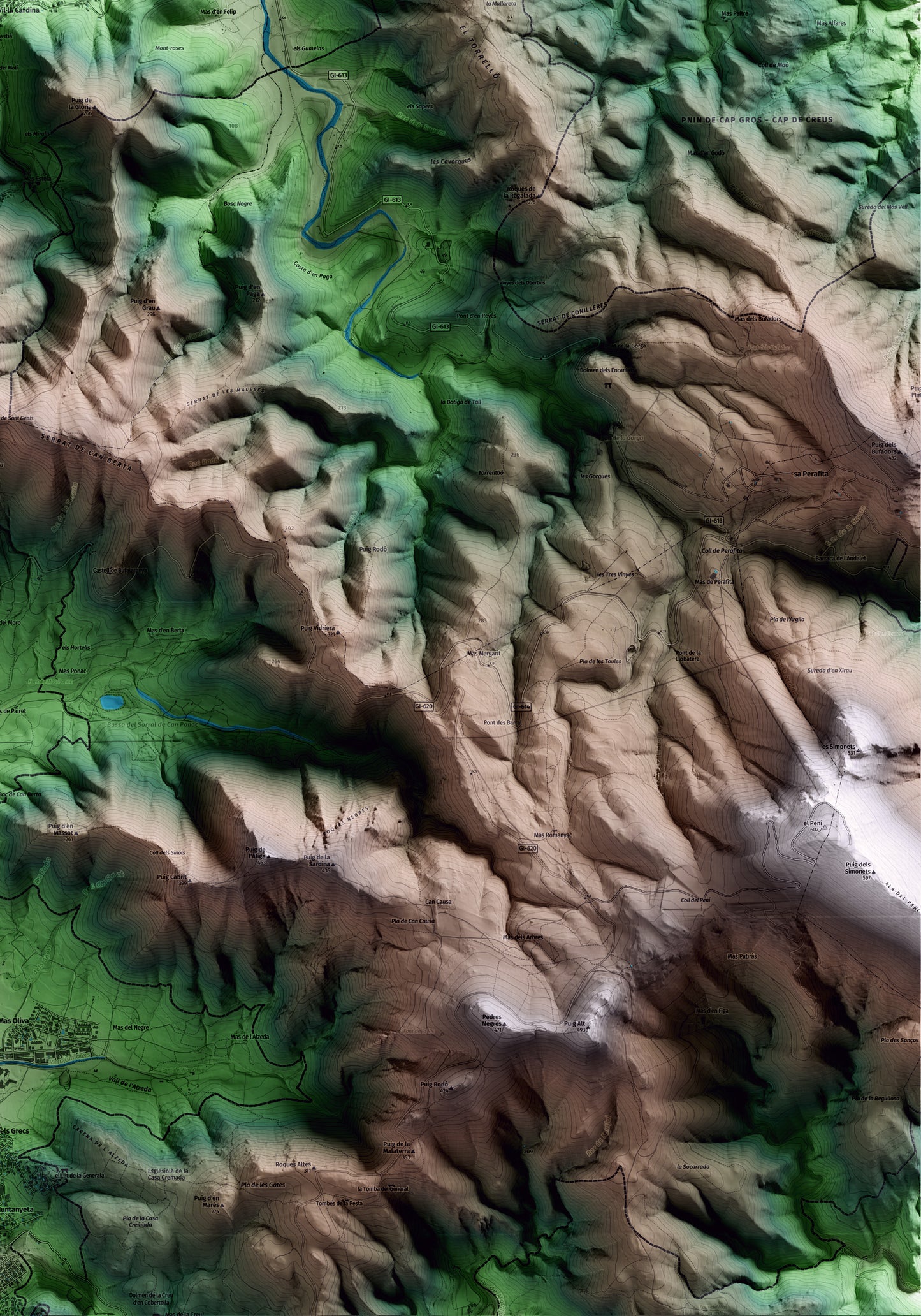 Mapa artístico del relieve de la Selva de Mar, al Alt Empordà, con 15 km de entorno y base topográfica ICGC. Detalle de la zona inferior derecha.