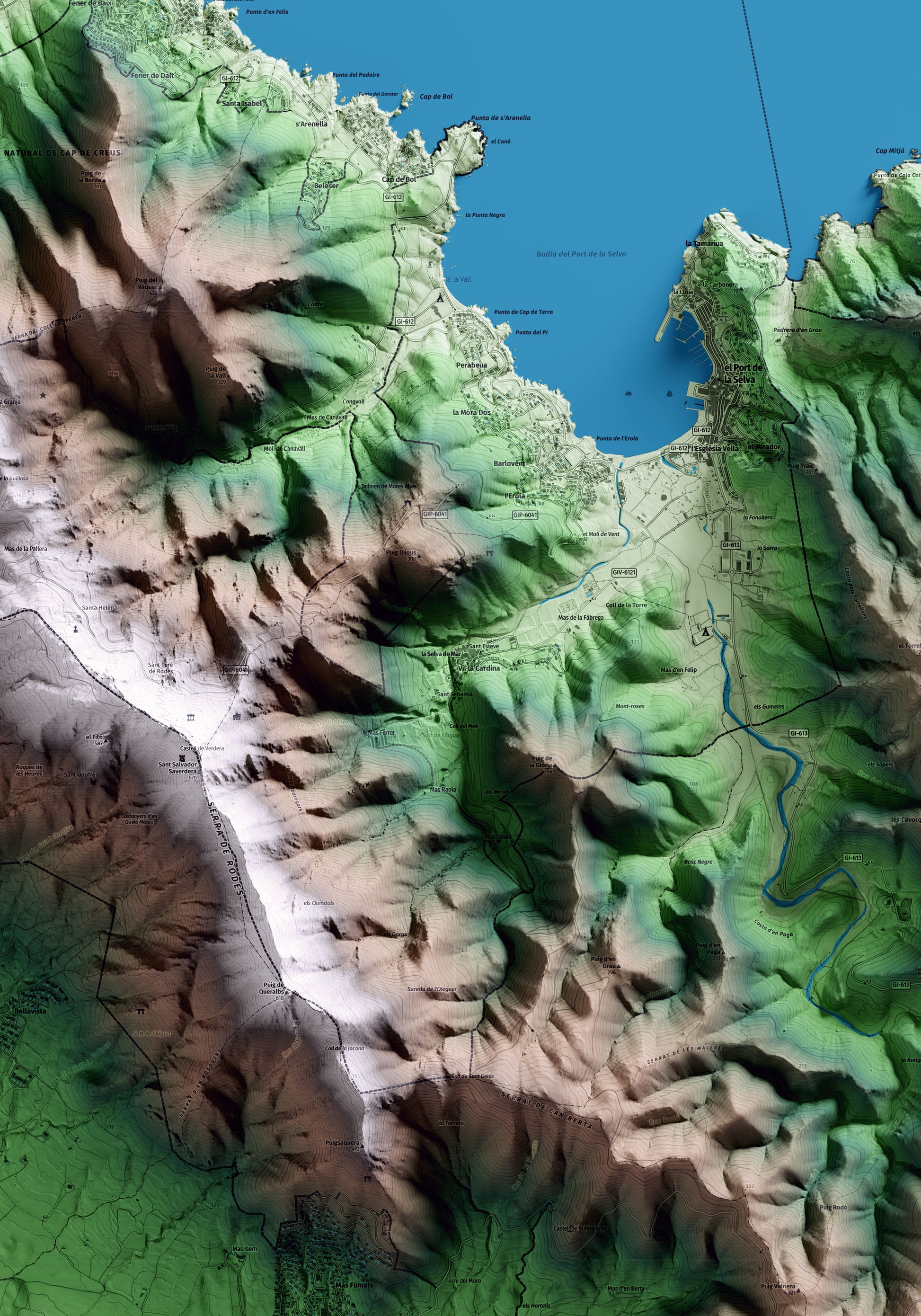 Mapa artístico del relieve de la Selva de Mar, al Alt Empordà, con 15 km de entorno y base topográfica ICGC. Detalle de la zona central.