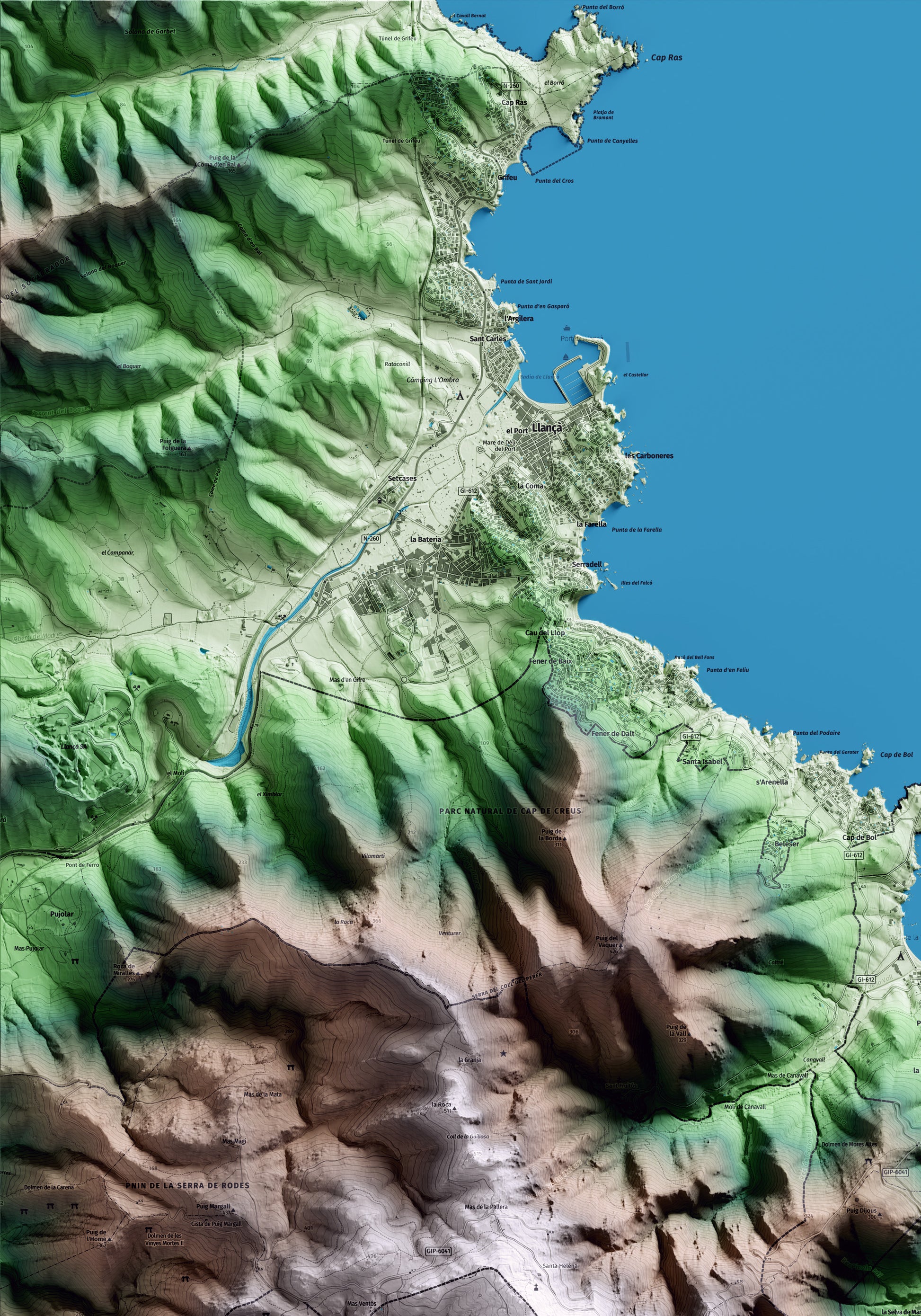 Mapa artístico del relieve de la Selva de Mar, al Alt Empordà, con 15 km de entorno y base topográfica ICGC. Detalle de la zona superior izquierda.