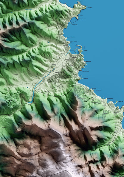Mapa artístico del relieve de la Selva de Mar, al Alt Empordà, con 15 km de entorno y base topográfica ICGC. Detalle de la zona superior izquierda.