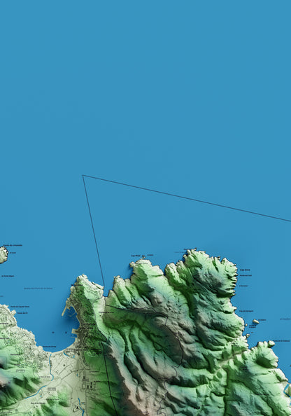 Mapa artístico del relieve de la Selva de Mar, al Alt Empordà, con 15 km de entorno y base topográfica ICGC. Detalle de la zona superior derecha.