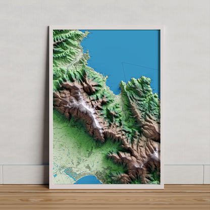 Mapa artístico del relieve de la Selva de Mar, al Alt Empordà, con 15 km de entorno y base topográfica ICGC. Presentación enmarcada.