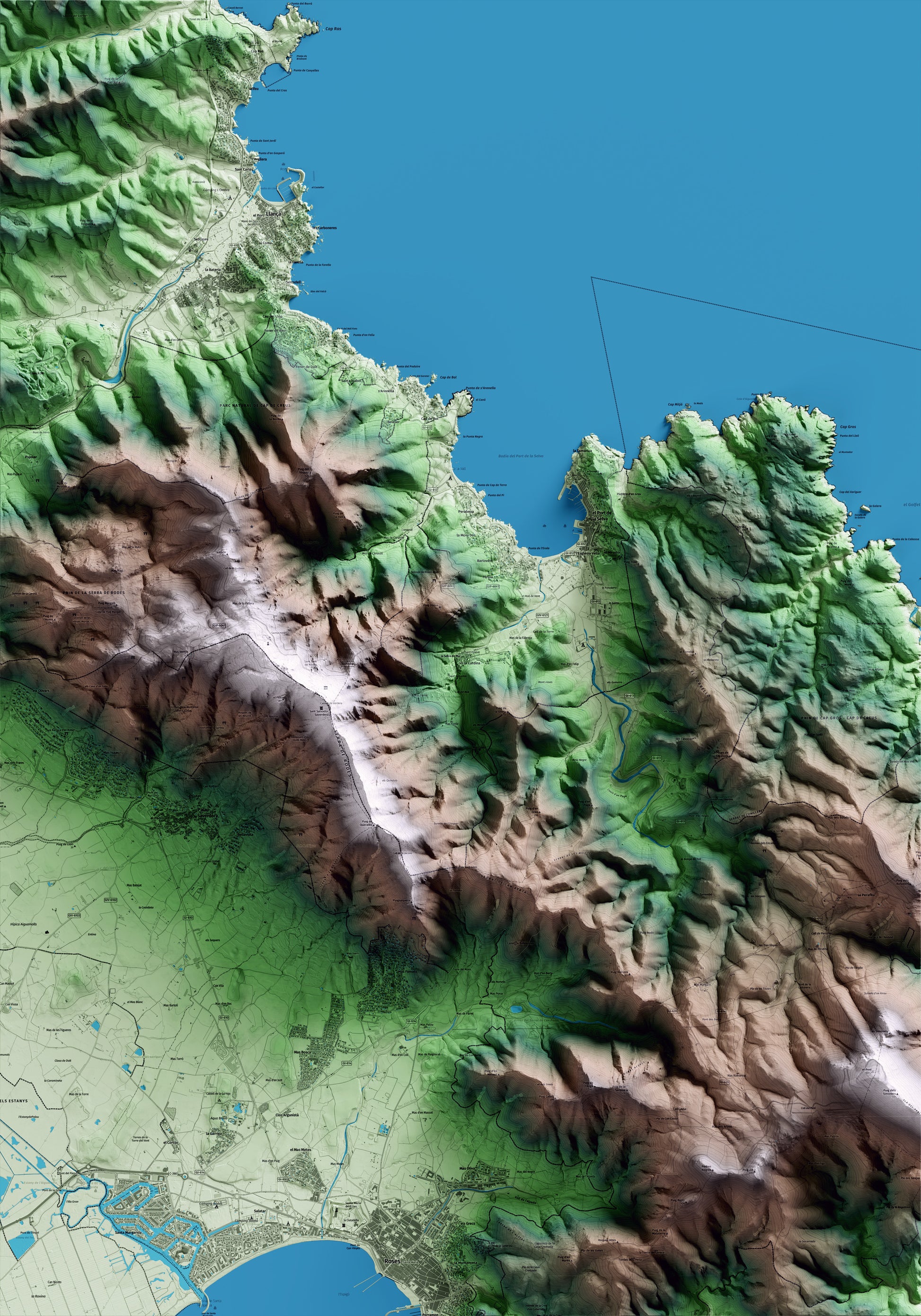 Mapa artístico del relieve de la Selva de Mar, al Alt Empordà, con 15 km de entorno y base topográfica ICGC