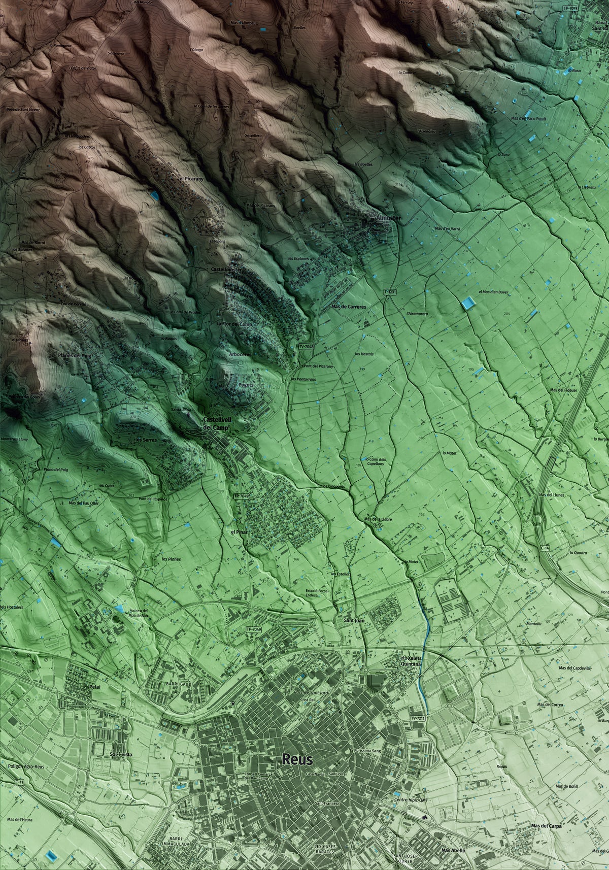 Mapa artístico del relieve de la Selva del Camp, al Baix Camp, con 15 km de entorno y base topográfica ICGC. Detalle de la zona inferior izquierda.