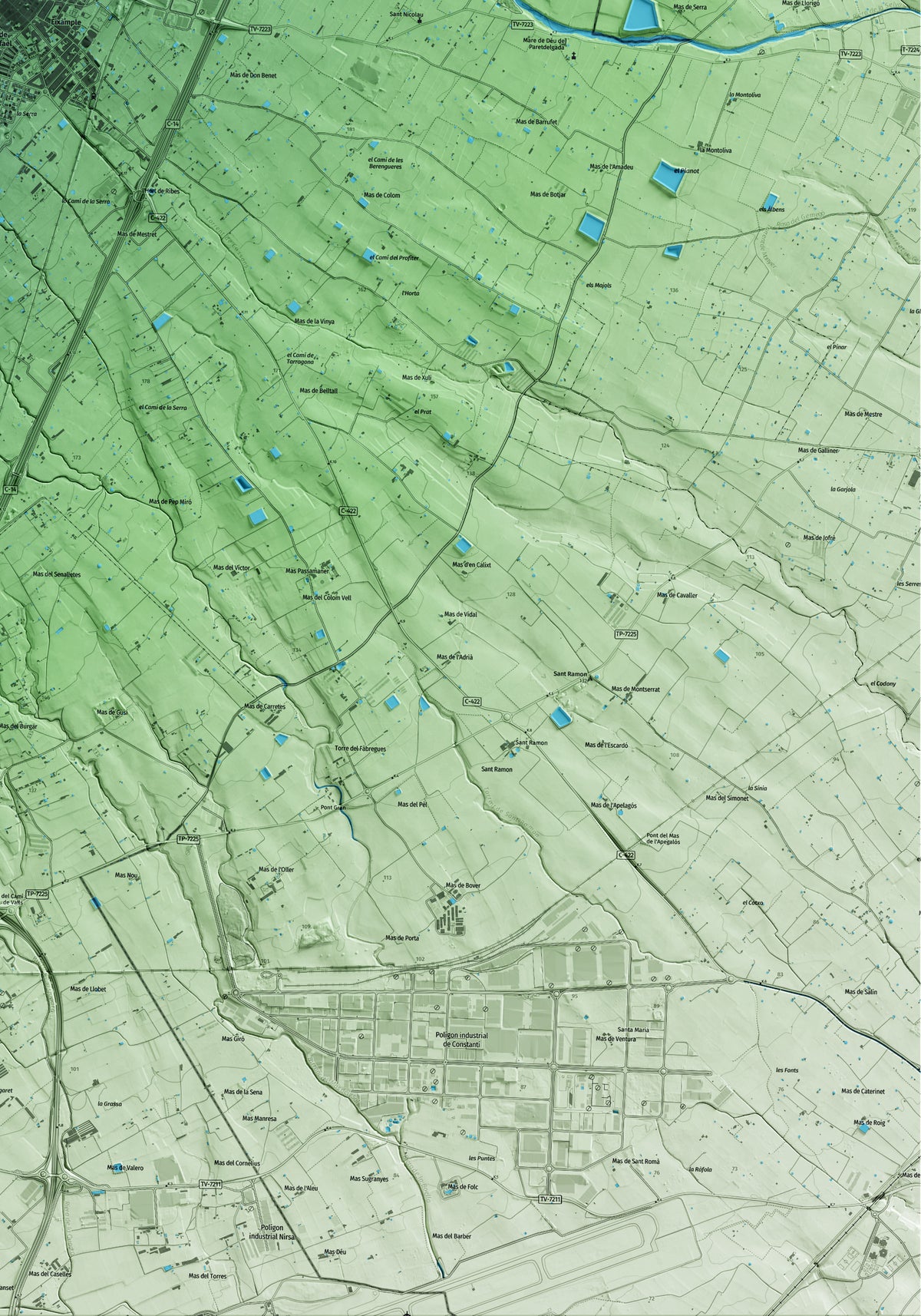 Mapa artístico del relieve de la Selva del Camp, al Baix Camp, con 15 km de entorno y base topográfica ICGC. Detalle de la zona inferior derecha.