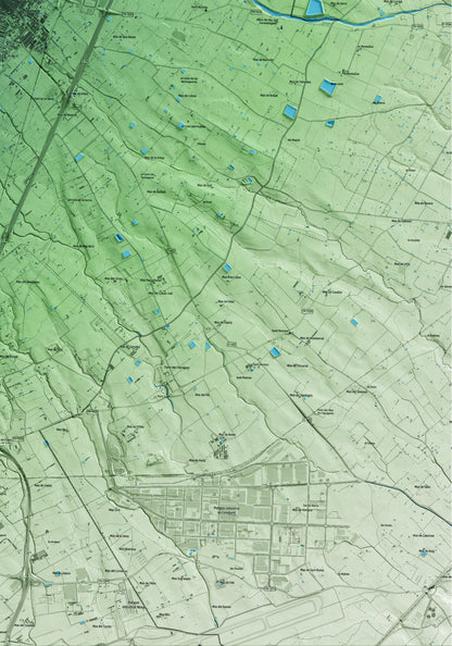 Mapa artístico del relieve de la Selva del Camp, al Baix Camp, con 15 km de entorno y base topográfica ICGC. Detalle de la zona inferior derecha.