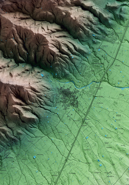 Mapa artístico del relieve de la Selva del Camp, al Baix Camp, con 15 km de entorno y base topográfica ICGC. Detalle de la zona central.