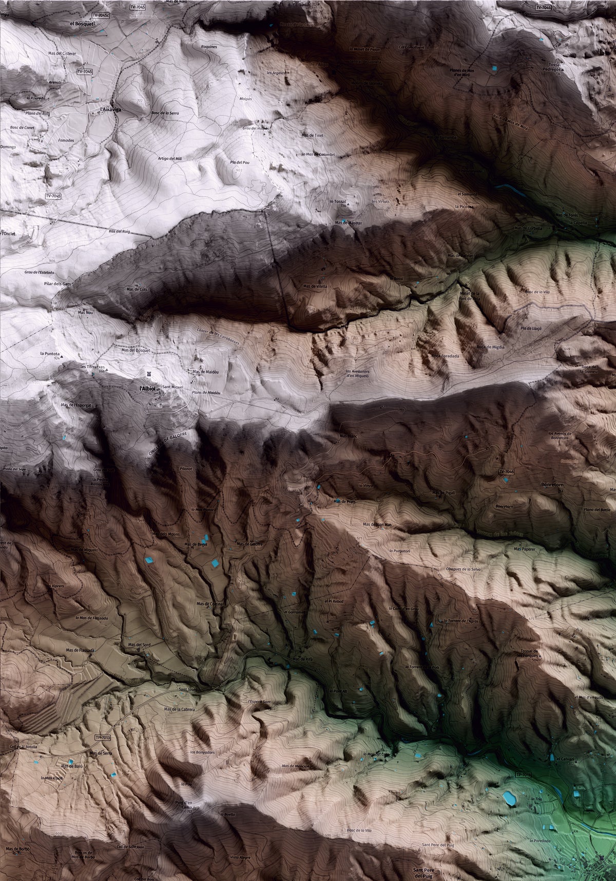 Mapa artístico del relieve de la Selva del Camp, al Baix Camp, con 15 km de entorno y base topográfica ICGC. Detalle de la zona superior izquierda.