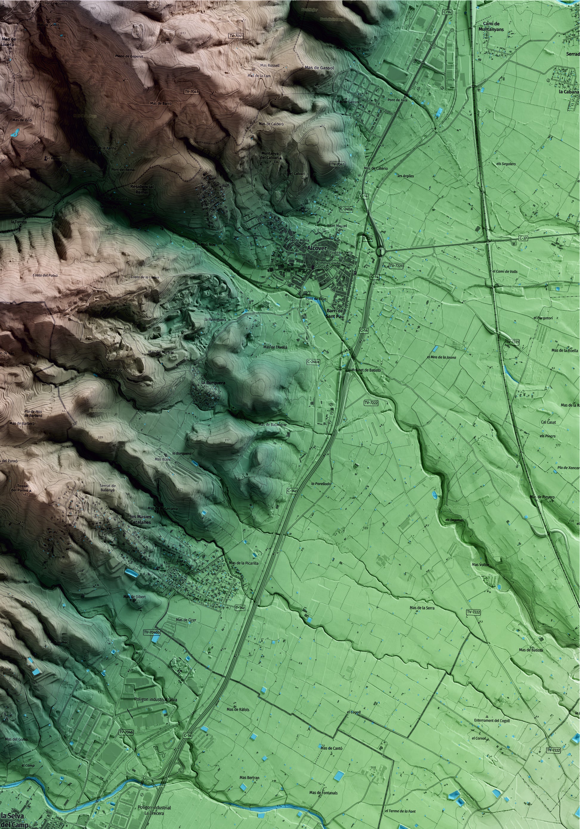 Mapa artístico del relieve de la Selva del Camp, al Baix Camp, con 15 km de entorno y base topográfica ICGC. Detalle de la zona superior derecha.