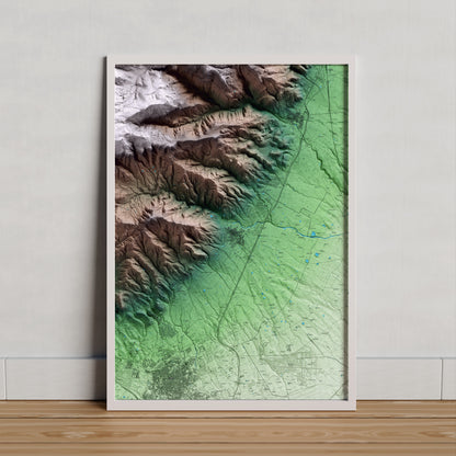 Mapa artístico del relieve de la Selva del Camp, al Baix Camp, con 15 km de entorno y base topográfica ICGC. Presentación enmarcada.