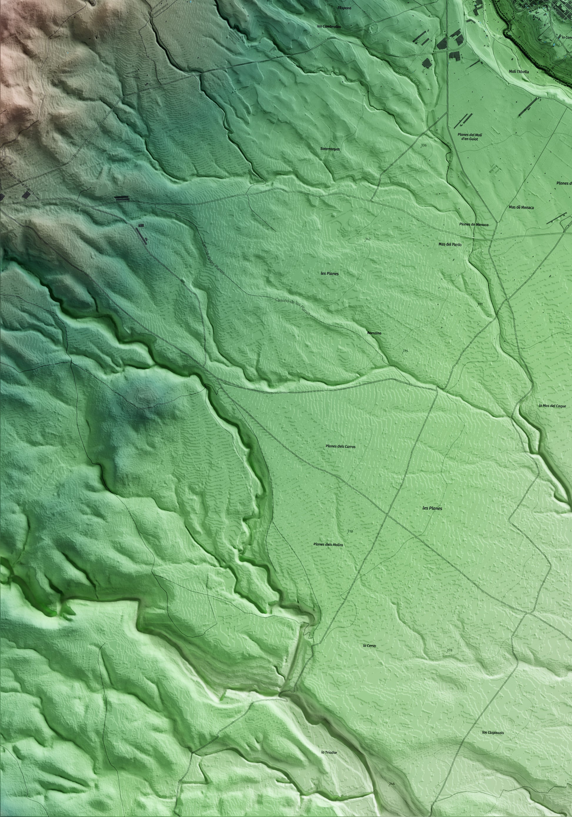 Mapa artístico del relieve de la Sénia, al Montsià, con 15 km de entorno y base topográfica ICGC. Detalle de la zona inferior izquierda.