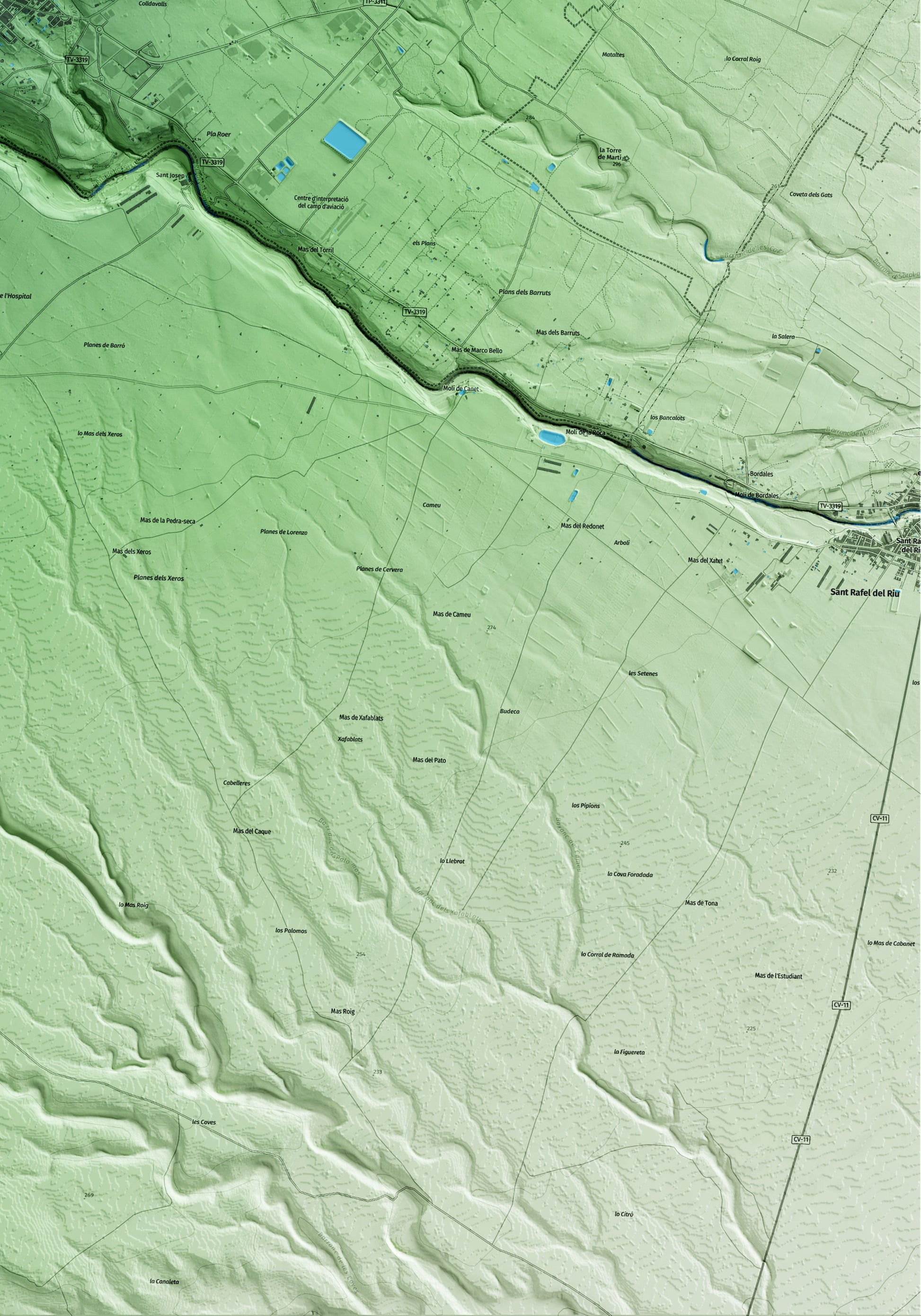 Mapa artístico del relieve de la Sénia, al Montsià, con 15 km de entorno y base topográfica ICGC. Detalle de la zona inferior derecha.
