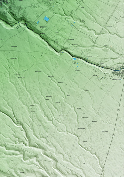 Mapa artístico del relieve de la Sénia, al Montsià, con 15 km de entorno y base topográfica ICGC. Detalle de la zona inferior derecha.
