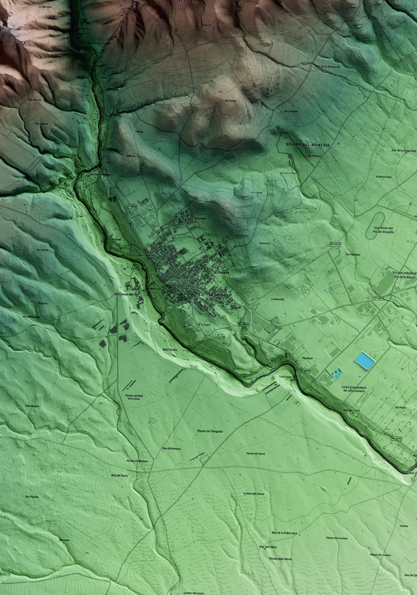 Mapa artístico del relieve de la Sénia, al Montsià, con 15 km de entorno y base topográfica ICGC. Detalle de la zona central.