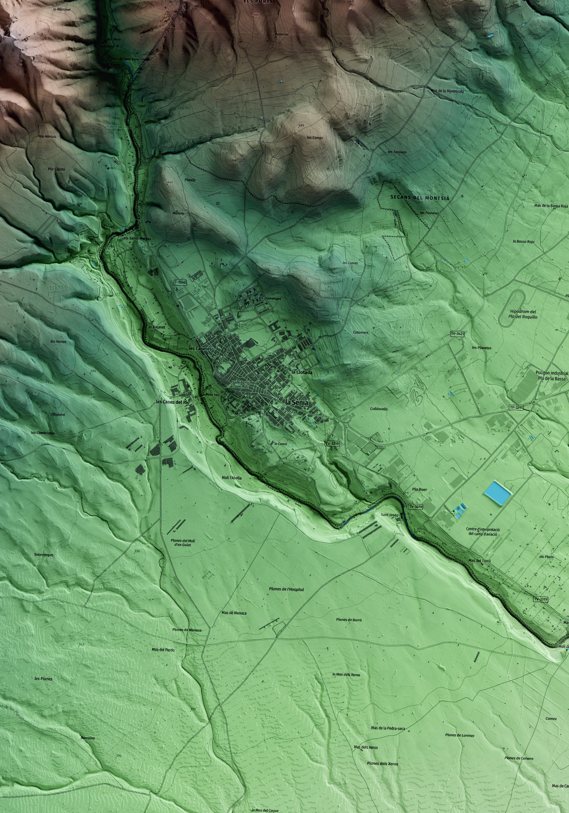 Mapa artístico del relieve de la Sénia, al Montsià, con 15 km de entorno y base topográfica ICGC. Detalle de la zona central.
