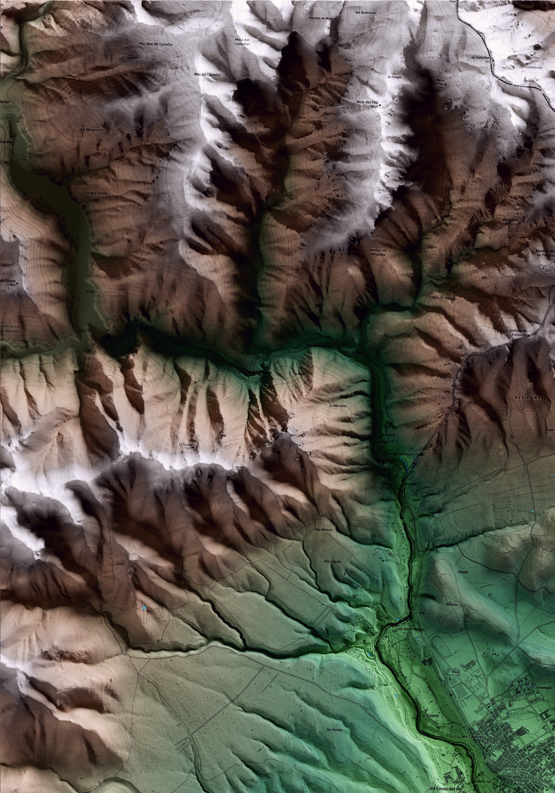 Mapa artístico del relieve de la Sénia, al Montsià, con 15 km de entorno y base topográfica ICGC. Detalle de la zona superior izquierda.
