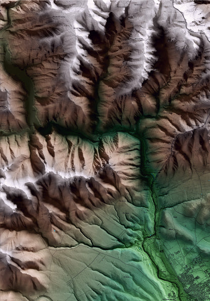 Mapa artístico del relieve de la Sénia, al Montsià, con 15 km de entorno y base topográfica ICGC. Detalle de la zona superior izquierda.
