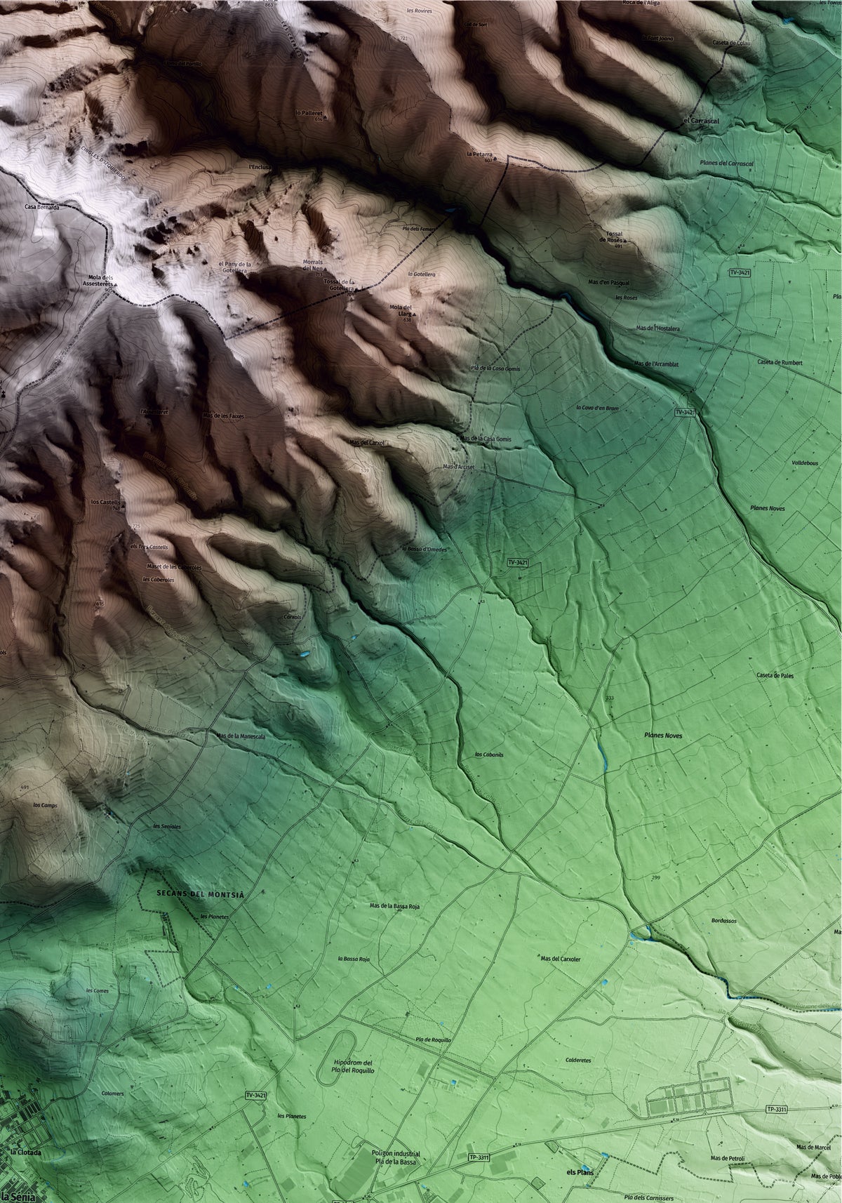Mapa artístico del relieve de la Sénia, al Montsià, con 15 km de entorno y base topográfica ICGC. Detalle de la zona superior derecha.