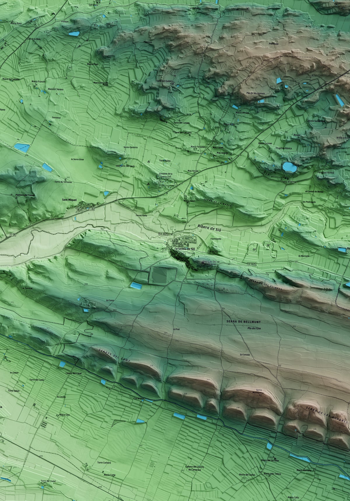 Mapa artístico del relieve de la Sentiu de Sió, a la Noguera, con 15 km de entorno y base topográfica ICGC. Detalle de la zona central.